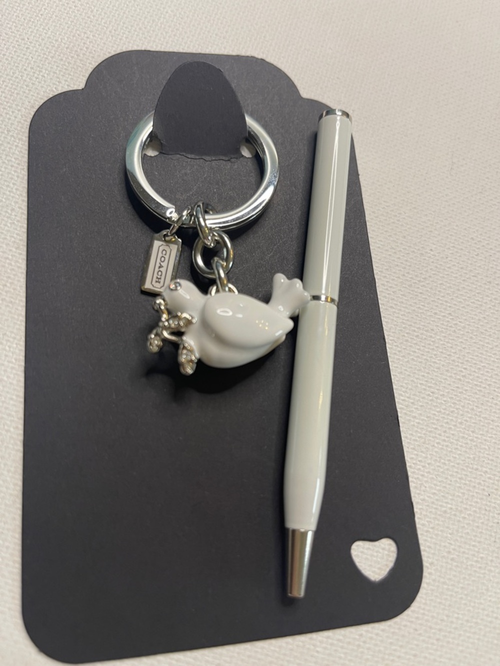 NWOT Coach White Enamel Dove Keychain w/ Silver Hardware & White Ball Point Pen